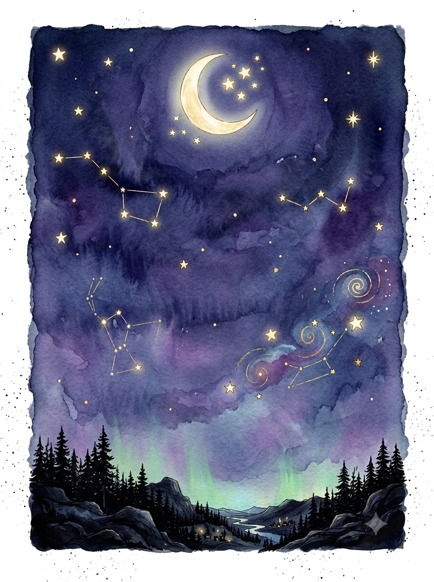 Watercolor night sky with moon, stars, and aurora over a mountain valley